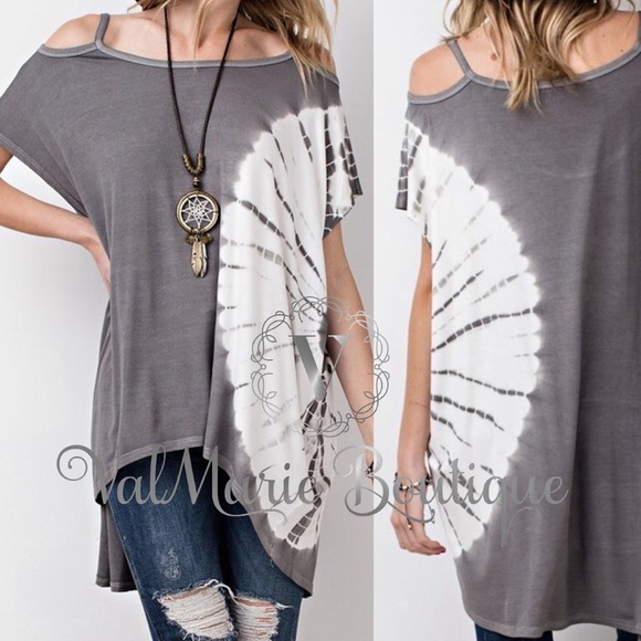 LAST 1! Tie Dye Tunic Cold Shoulder Top Gray - Picture 2 of 4